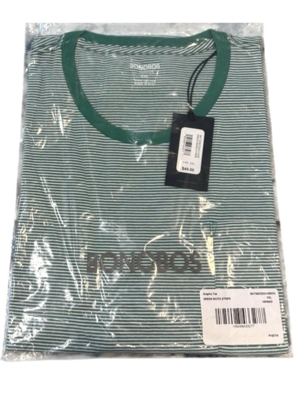 Bonobos Mens Short Sleeve Green Striped Pocket Crew Neck Cotton Size XXL NWT